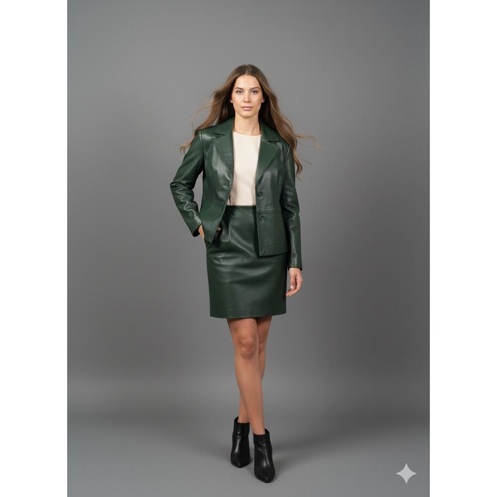 Vintage Siena Green Leather Suit with Skirt-- Statement Retro Tailored Set